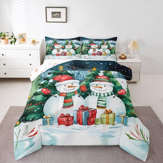 jejeloiu Cartoon Christmas Snowman Bedding Comforter Set,Kids Xmas Gifts Twin Comforter Sets,Green White Bedding Set For Girl Boys Kids,Super Cozy Room Decor Reversible,2-Piece