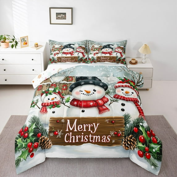jejeloiu Cartoon Christmas Snowman Bedding Comforter Set,Red Xmas Berry Twin Comforter Sets,Happy New Year Bedding Set For Girl Boys Kids,Super Cozy Room Decor Reversible,2-Piece