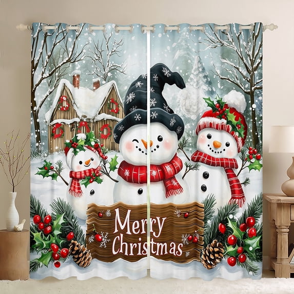 jejeloiu Cartoon Christmas Snowman Curtains and Drapes,Red Xmas Berry Black Out Curtains,Happy New Year Curtains Pack of 2 (52x63 Each) For Girl Boys Kids,Super Cozy Room Decor