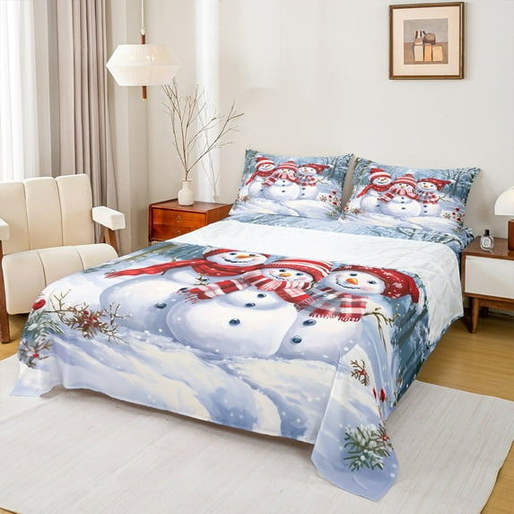 jejeloiu Cartoon Christmas Snowmen Full Size Sheets,Xmas Theme Bed Sheets,Western Country Holiday Sheet Sets For Teesn,Super Cozy Room Decor,4-Piece