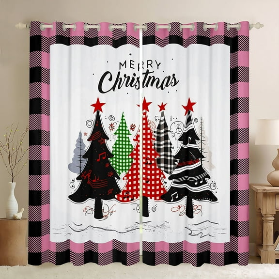 jejeloiu Cartoon Christmas Tree Black Out Curtains,Pinkue Geometric Grid Curtains Pack of 2 (42x63 Each),Xmas Theme Bedroom Curtains,Microfiber Room Decor