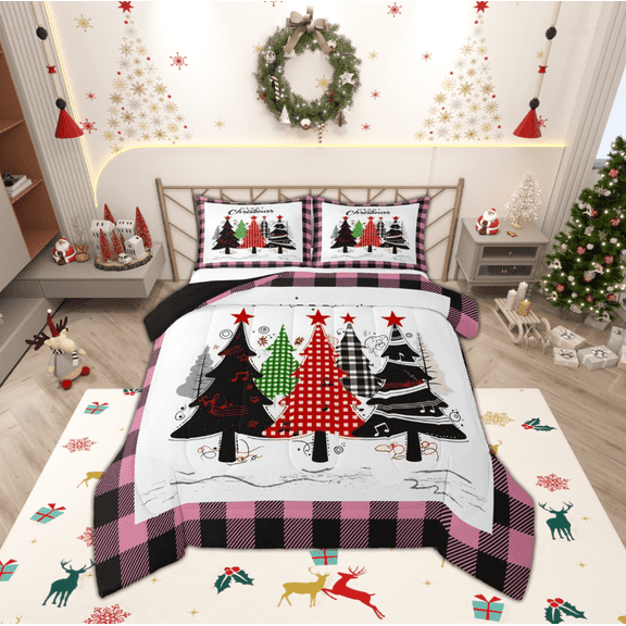 jejeloiu Cartoon Christmas Tree Queen Comforter Set,Pinkue Geometric Grid Bedding Sets,Xmas Theme Bedding Comforter Set,Microfiber Room Decor Reversible,3pcs
