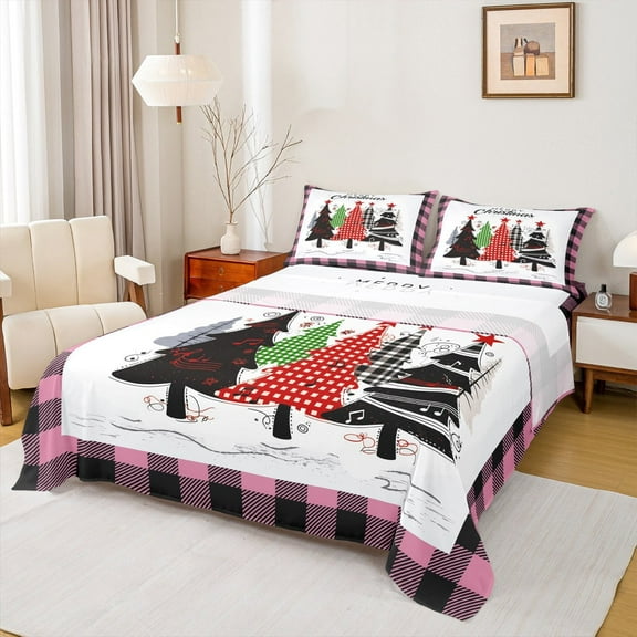 jejeloiu Cartoon Christmas Tree Twin Sheet Sets,Pinkue Geometric Grid Twin Fitted Sheet,Xmas Theme Flat Sheet,Microfiber Room Decor,3-Piece