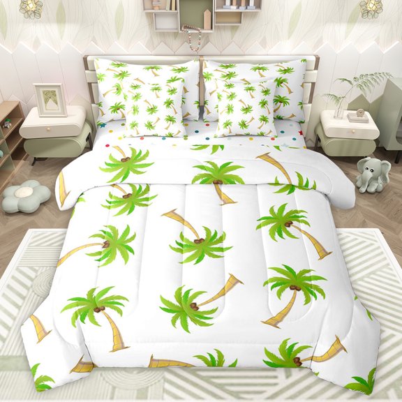 jejeloiu Cartoon Coconut Tree 7pcs Bedding Comforter Set,Hawaii Summer Holiday Queen Bedding Sets,Green White Queen Sheet Sets For Boys Girls,Ultra Soft Home Decor Reversible