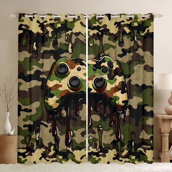 jejeloiu Cartoon Console Gamepad Black Out Curtains,Vintage Camo Print Curtains Pack of 2 (42x63 Each) For Boys Kids