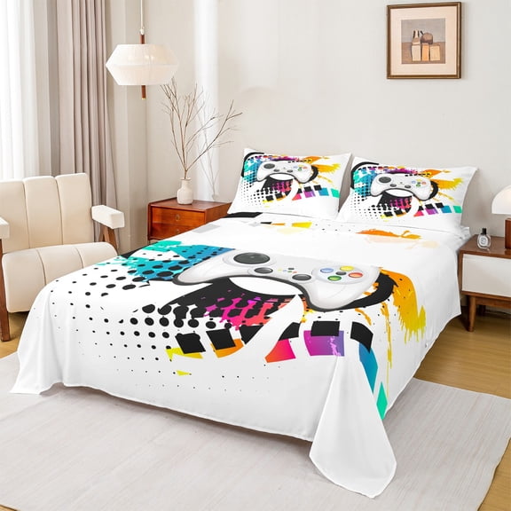 jejeloiu Cartoon Console Gamepad Full Size Sheets,Multicolor Splatter Ink Bed Sheets,Geometric Circle Plaid Sheet Sets For Boys Teens,Ultra Soft Home Decor,4pcs