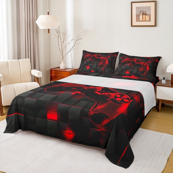 jejeloiu Cartoon Console Gamepad Queen Sheet Sets,Modern Geometric Plaid Flat Sheet,Red Black Queen Fitted Sheet For Boys Teens,Ultra Soft Home Decor,4-Piece