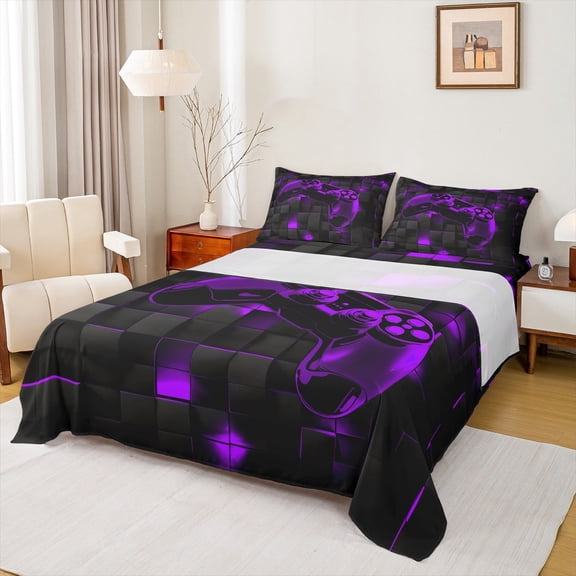jejeloiu Cartoon Console Gamepad Twin Sheet Sets,Geometric Grid Plaid Twin Fitted Sheet,Purple Black Flat Sheet For Boys Teens,Ultra Soft Home Decor,3pcs