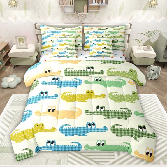 jejeloiu Cartoon Crocodile 7pcs Bedding Comforter Set,Modern Geometric Plaid Queen Bedding Sets For Boys Teens Reversible