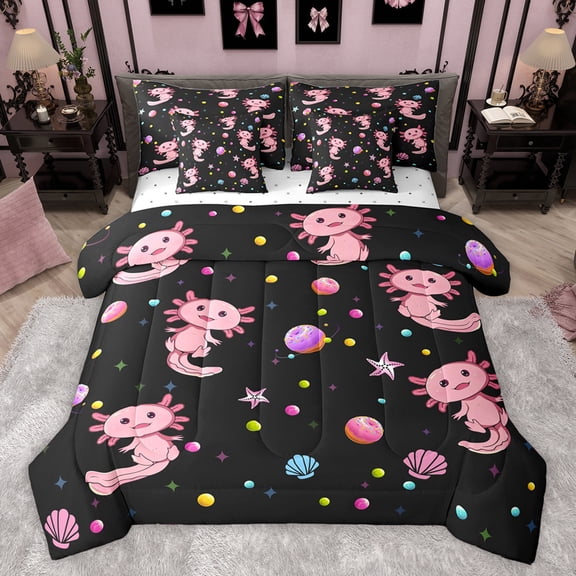 jejeloiu Cartoon Cute Axolotl 7-Piece Bedding Comforter Set,Kawaii Animal Salamander King Bedding Sets,Pink Black Bed Sheets For Girl,Luxury Bedroom Decor Reversible