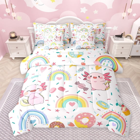 jejeloiu Cartoon Cute Axolotl 7pcs Bedding Comforter Set,Colorful Kawaii Rainbow Queen Bedding Sets,Sweet Dessert Donut Queen Sheet Sets For Girls Kids,Microfiber Bedroom Decor Reversible