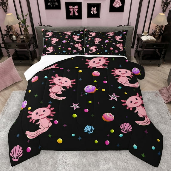 jejeloiu Cartoon Cute Axolotl Queen Comforter Set,Kawaii Animal Salamander Bedding Sets,Pink Black Bedding Comforter Set For Girl,Luxury Bedroom Decor,3 Pieces