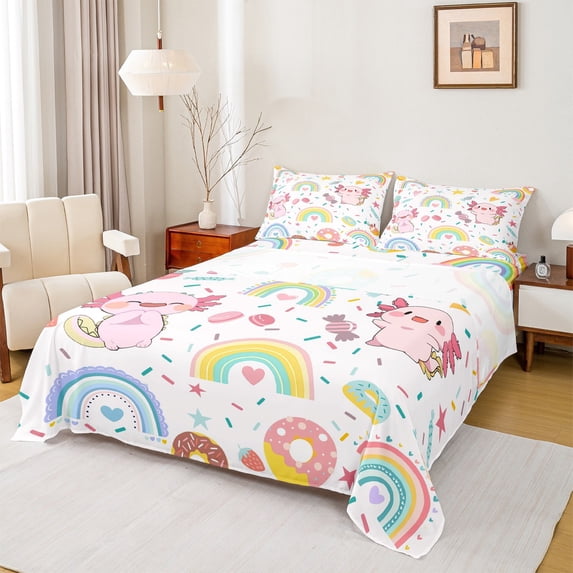 jejeloiu Cartoon Cute Axolotl Queen Sheet Sets,Colorful Kawaii Rainbow Flat Sheet,Sweet Dessert Donut Queen Fitted Sheet For Girls Kids,Microfiber Bedroom Decor,4-Piece