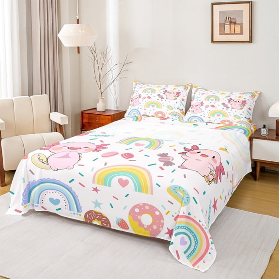 jejeloiu Cartoon Cute Axolotl Twin Sheet Sets,Colorful Kawaii Rainbow Twin Fitted Sheet,Sweet Dessert Donut Flat Sheet For Girls Kids,Microfiber Bedroom Decor,3 Pieces
