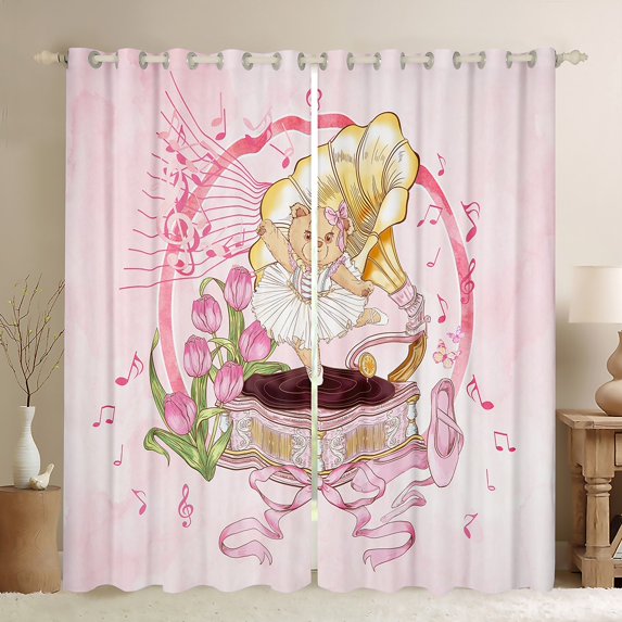 jejeloiu Cartoon Cute Bear Curtains Pack of 2 (42x84 Each),Music Instrument Phonograph Curtains Blackout,Kawaii Bowknot Pink Tulip Bedroom Curtains For Girls,Breathable Home Decor