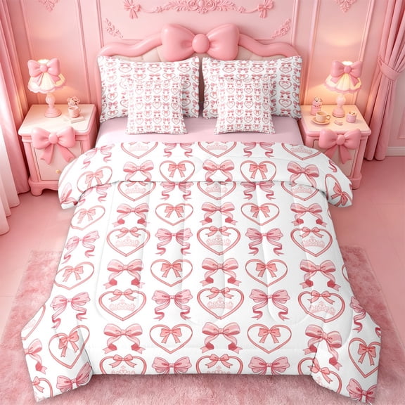 jejeloiu Cartoon Cute Bow 7-Piece Twin Bedding Sets,Kawaii Bowknot Bowtie Bedding Comforter Set,Happy Valentine'S Day Sheet Sets For Girls,Ultra Soft Home Decor Reversible