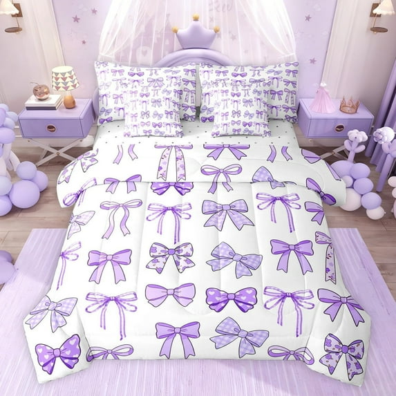 jejeloiu Cartoon Cute Bow 7-Piece Twin Bedding Sets,Purple White Bedding Comforter Set For Teens Reversible