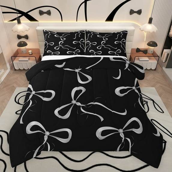 jejeloiu Cartoon Cute Bow Full Size Comforter Sets,Kawaii Bowknot Bowtie Bedding Comforter Set,Silver Black Bedding Sets For Girls,Ultra Soft Home Decor Reversible,3pcs