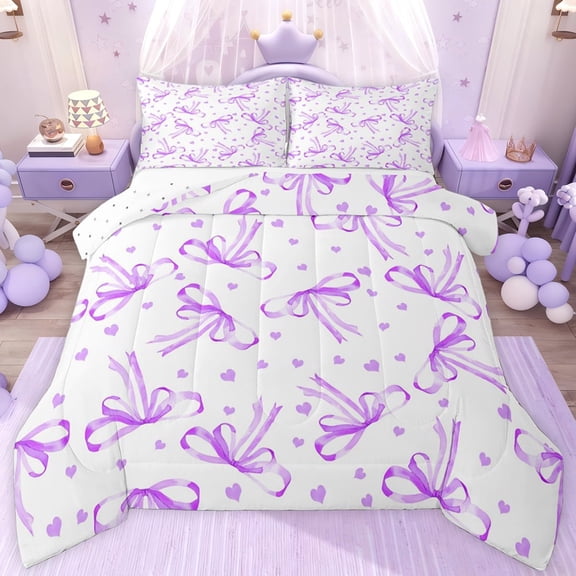 jejeloiu Cartoon Cute Bow Full Size Comforter Sets,Purple Bowtie Heart Bedding Sets For Teens Reversible 3 Pieces