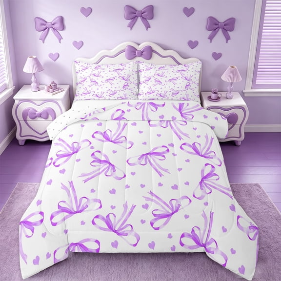 jejeloiu Cartoon Cute Bow Full Size Comforter Sets,Purple Bowtie Heart Bedding Sets For Teens Reversible 3 Pieces