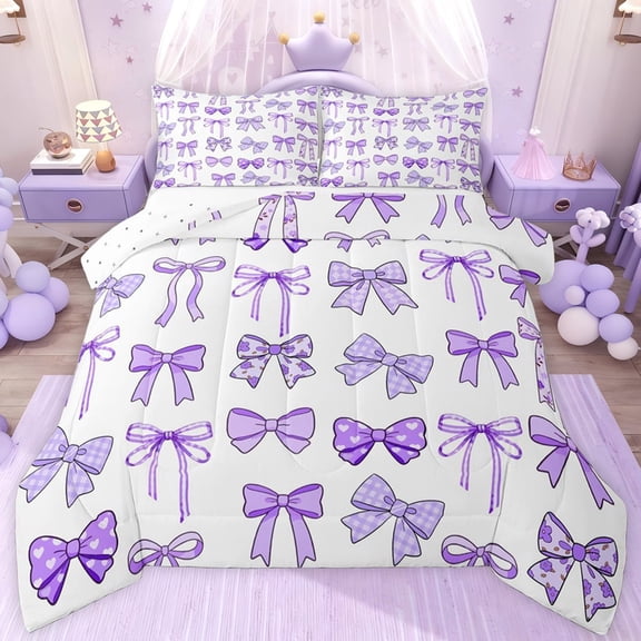 jejeloiu Cartoon Cute Bow Twin Comforter Sets,Purple White Bedding Set For Teens Reversible 2 Pieces