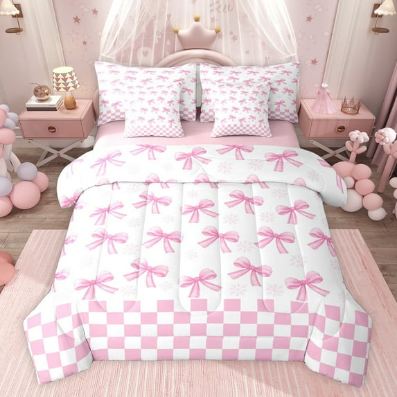 jejeloiu Cartoon Cute Bowknot 7-Piece Twin Bedding Sets,Girl Pink White Check Bedding Comforter Set For Teens Reversible