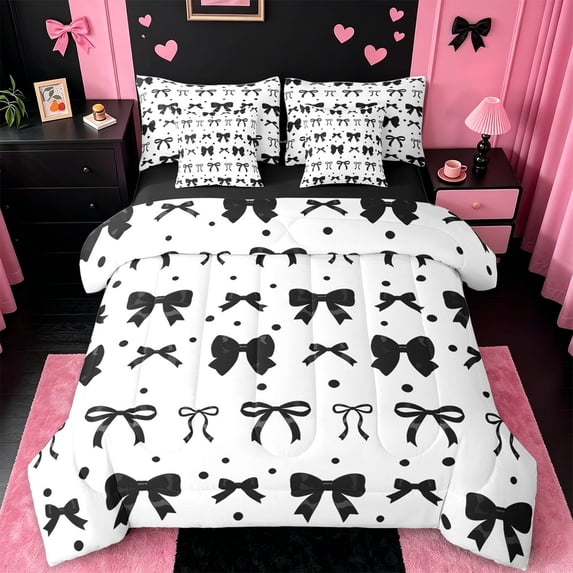 jejeloiu Cartoon Cute Bowknot 7-Piece Twin Bedding Sets,Kawaii Polka Dots Bedding Comforter Set For Teens Reversible