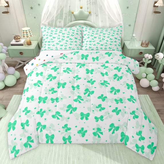 jejeloiu Cartoon Cute Bowknot Full Size Comforter Sets,Girl Green Bowknot Bedding Sets For Teens Reversible 3-Piece
