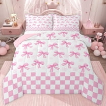 jejeloiu Cartoon Cute Bowknot Twin Comforter Sets,Girl Pink White Check Bedding Set For Teens Reversible 2 Pieces