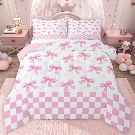 jejeloiu Cartoon Cute Bowknot Twin Comforter Sets,Girl Pink White Check Bedding Set For Teens Reversible 2 Pieces