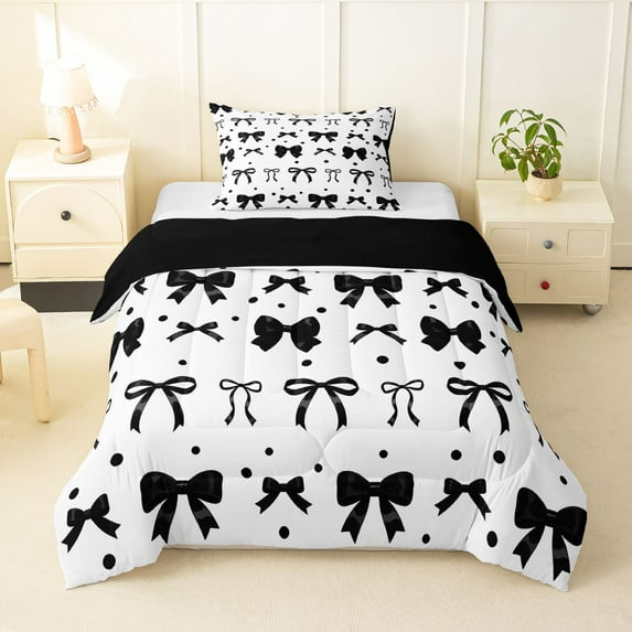 jejeloiu Cartoon Cute Bowknot Twin Comforter Sets,Kawaii Polka Dots Bedding Set For Teens Reversible 2-Piece