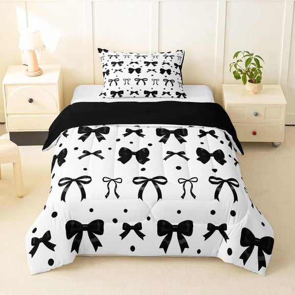 jejeloiu Cartoon Cute Bowknot Twin Comforter Sets,Kawaii Polka Dots Bedding Set For Teens Reversible 2-Piece