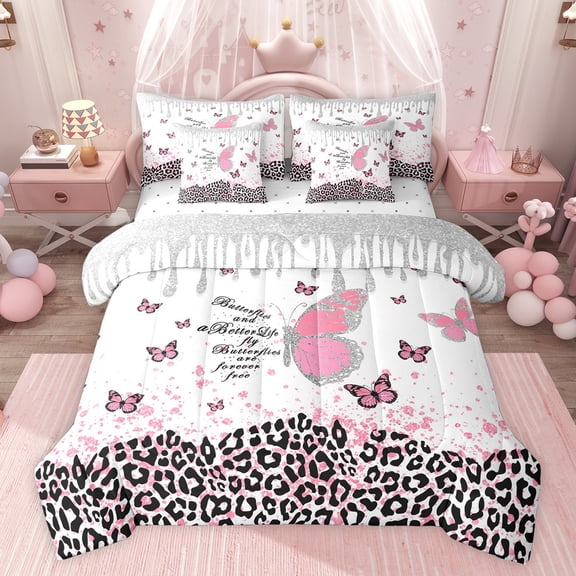 jejeloiu Cartoon Cute Butterfly 7-Piece Bedding Comforter Set,Leopard Cheetah Pattern King Bedding Sets,Pink Sequin Print Bed Sheets For Kids,Microfiber Bedroom Decor Reversible