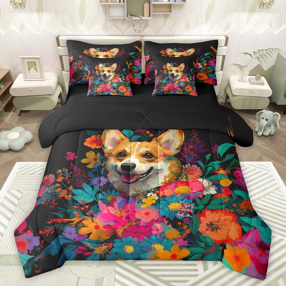 jejeloiu Cartoon Cute Corgi 7-Piece Bedding Comforter Set,Retro Rustic Flowers King Bedding Sets,Colorful Floral Bed Sheets For Girls Boy,Breathable Home Decor Reversible