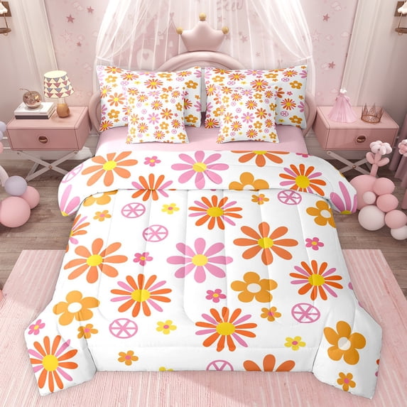 jejeloiu Cartoon Cute Daisy 7 Pieces Bedding Comforter Set,Kawaii Flower Floral Full Bedding Set,White Orange Pink Fitted Sheet Flat Sheet For Girl,Breathable Home Decor Reversible