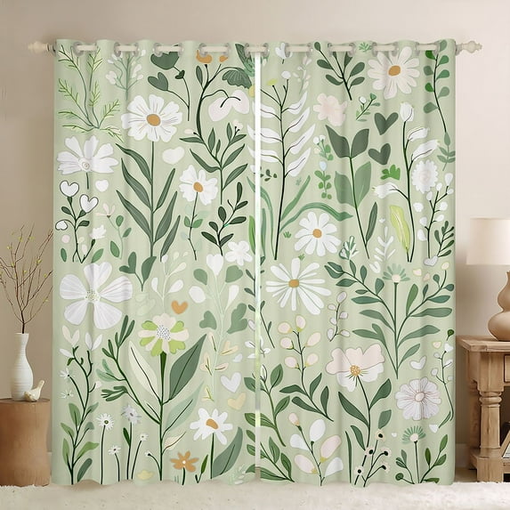 jejeloiu Cartoon Cute Daisy Blackout Curtains Set of 2 (52x84 Each),Rustic Leaves Flowers Window Curtains,Green White Curtains and Drapes For Adult,Breathable Home Decor