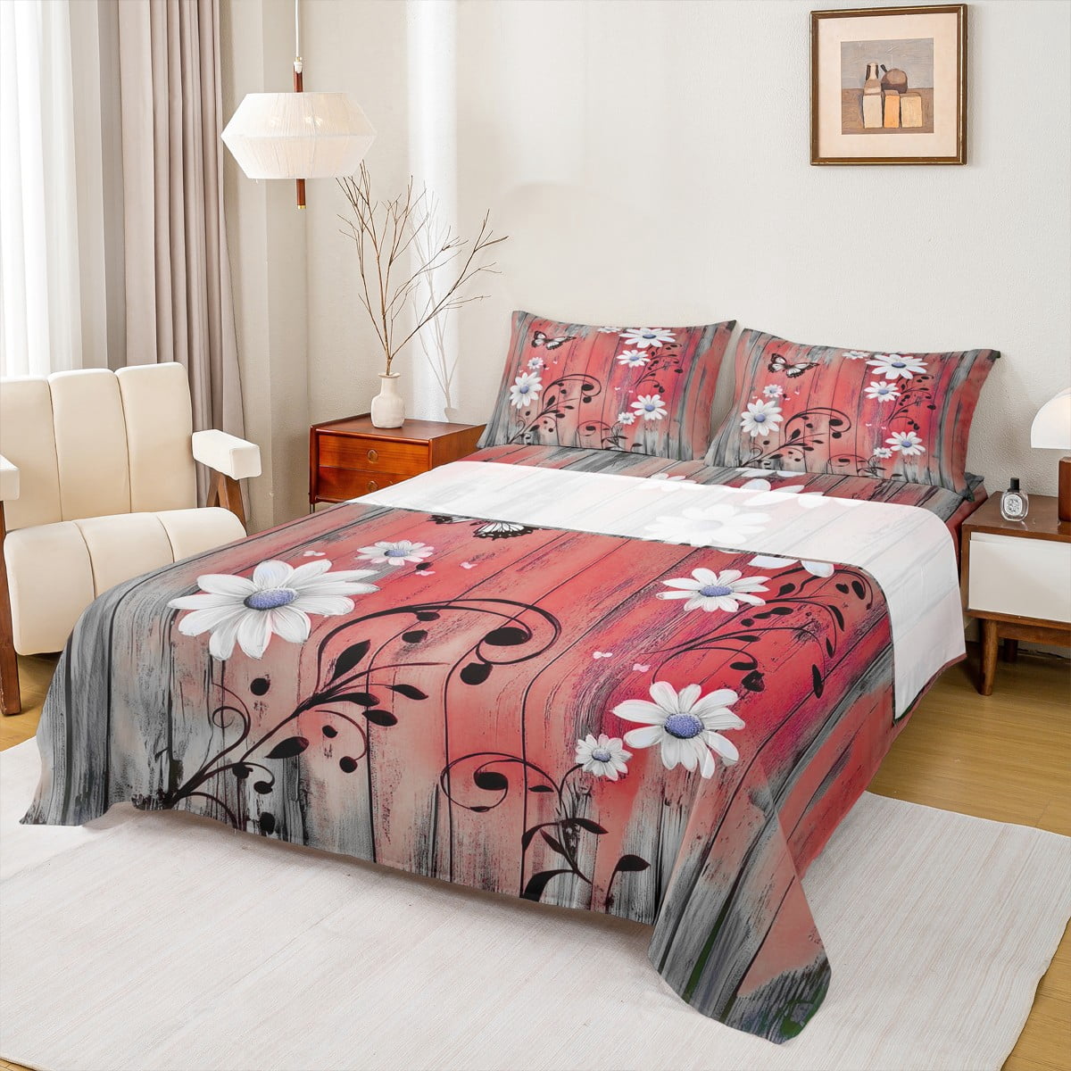 Rustic Sheet jejeloiu Cartoon Cute Daisy Queen Sheet Sets,Country Floral Flat Sheet ...