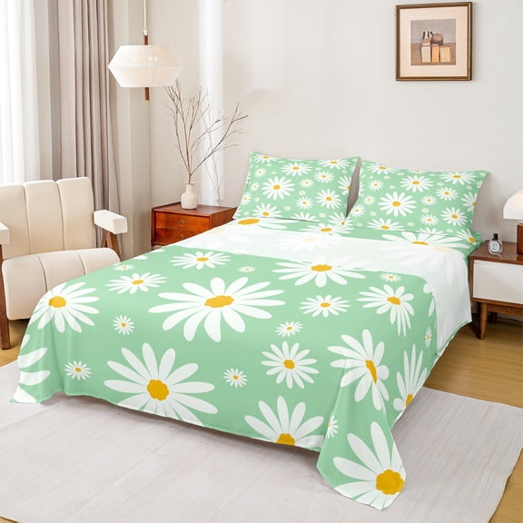 jejeloiu Cartoon Cute Daisy Queen Sheet Sets,Kawaii Flower Floral Flat Sheet,Green White Queen Fitted Sheet For Girl,Breathable Home Decor,4pcs