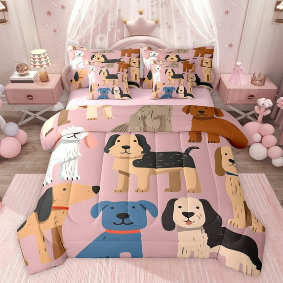 jejeloiu Cartoon Cute Dogs 7 Pieces Bedding Comforter Set,Kawaii Puppy Dogs Full Bedding Set,Pet Animal Lovers Fitted Sheet Flat Sheet For Girl Boy,Ultra Soft Home Decor Reversible