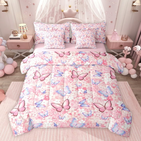 jejeloiu Cartoon Cute Floral 7-Piece Twin Bedding Sets,Pink Purple Butterflies Bedding Comforter Set For Girls Reversible