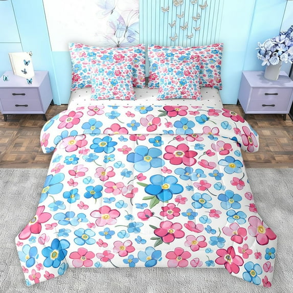 jejeloiu Cartoon Cute Floral 7pcs Bedding Comforter Set,Kawaii Flowers Blossom Queen Bedding Sets,Pink Blue White Queen Sheet Sets For Girl,Ultra Soft Home Decor Reversible