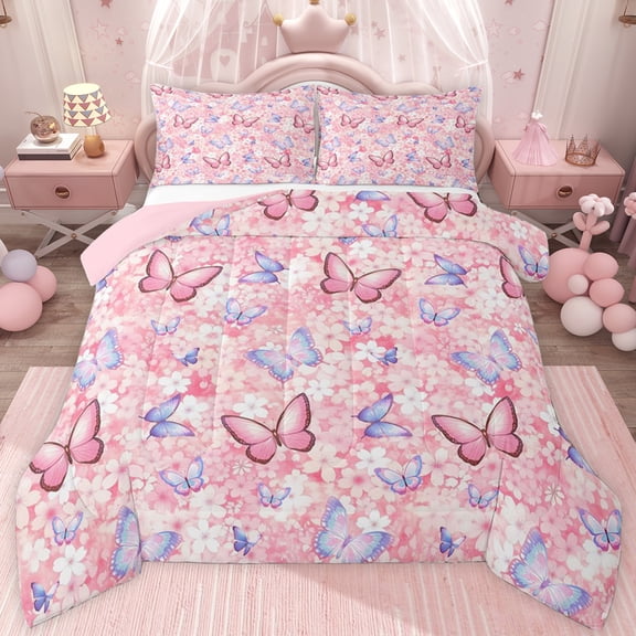 jejeloiu Cartoon Cute Floral Twin Comforter Sets,Pink Purple Butterflies Bedding Set For Girls Reversible 2-Piece