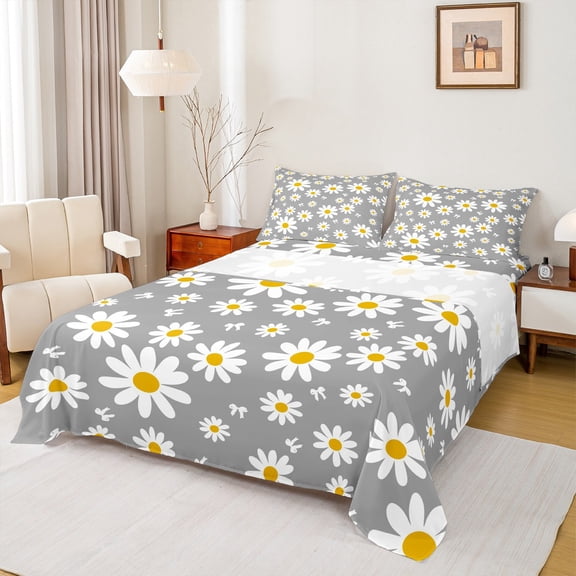 jejeloiu Cartoon Cute Floral Twin Sheet Sets,Kawaii Daisy Blossom Twin Fitted Sheet,Gray White Flat Sheet For Girl,Ultra Soft Home Decor,3-Piece