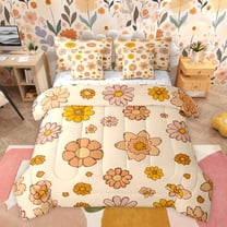 jejeloiu Cartoon Cute Flower 7-Piece Twin Bedding Sets,Kawaii Floral Bedding Comforter Set,Orange Daisy Blossom Sheet Sets For Girls Teens,Ultra Soft Home Decor Reversible
