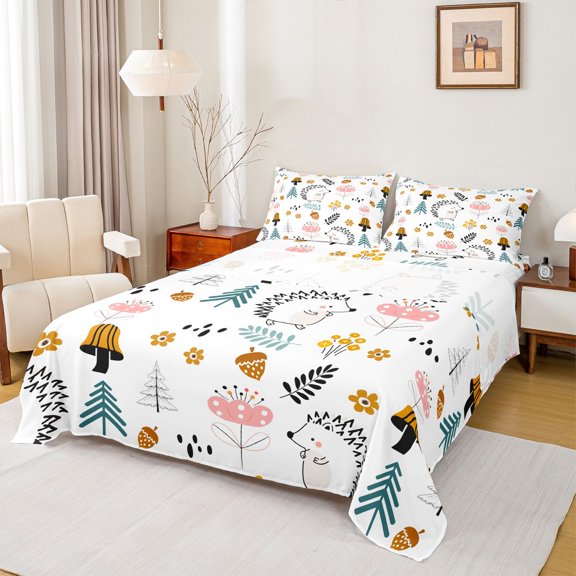 jejeloiu Cartoon Cute Hedgehog Bed Sheets,Rustic Leaf Kawaii Flower King Sheets For Girls Boys 4pcs
