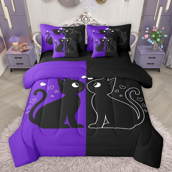 jejeloiu Cartoon Cute Kitten 7-Piece Bedding Comforter Set,Pet Animal King Bedding Sets,Black Purple Bed Sheets For Girls Teens,Luxury Bedroom Decor Reversible