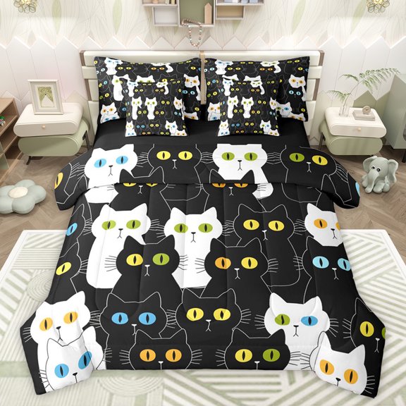 jejeloiu Cartoon Cute Kitten 7-Piece Twin Bedding Sets,Kawaii Pet Cat Bedding Comforter Set,Black White Sheet Sets For Girls Kids,Super Cozy Room Decor Reversible