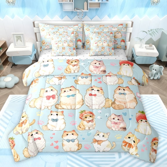 jejeloiu Cartoon Cute Kitten 7-Piece Twin Bedding Sets,Kawaii Pet Cat Bedding Comforter Set,Blue Brown Sheet Sets For Girls Kids,Super Cozy Room Decor Reversible