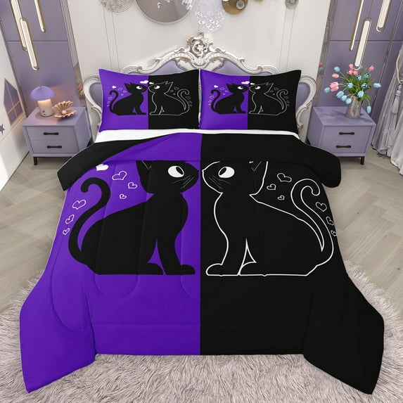 jejeloiu Cartoon Cute Kitten Bedding Comforter Set,Pet Animal Twin Comforter Sets,Black Purple Bedding Set For Girls Teens,Luxury Bedroom Decor Reversible,2pcs