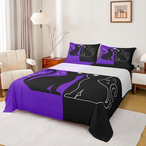 jejeloiu Cartoon Cute Kitten Twin Sheet Sets,Pet Animal Twin Fitted Sheet,Black Purple Flat Sheet For Girls Teens,Luxury Bedroom Decor,3pcs